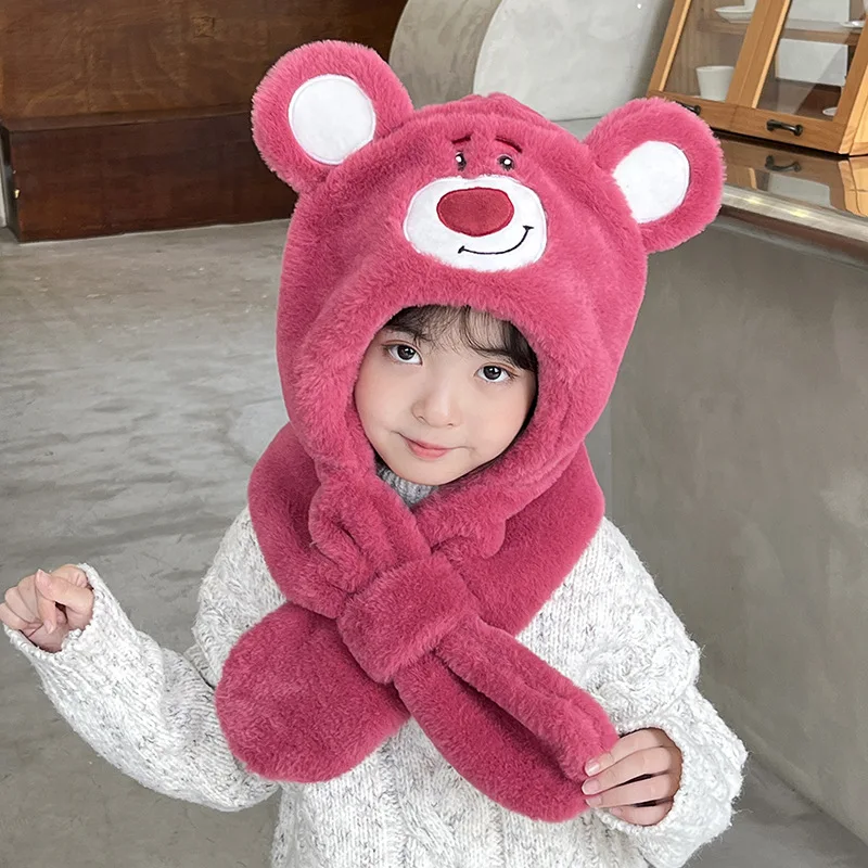 Strawberry Bear And Stitch Hat And Scarf Integrated Winter Warmth Preservation Kawaii Anime Periphera Children Baby Birthday