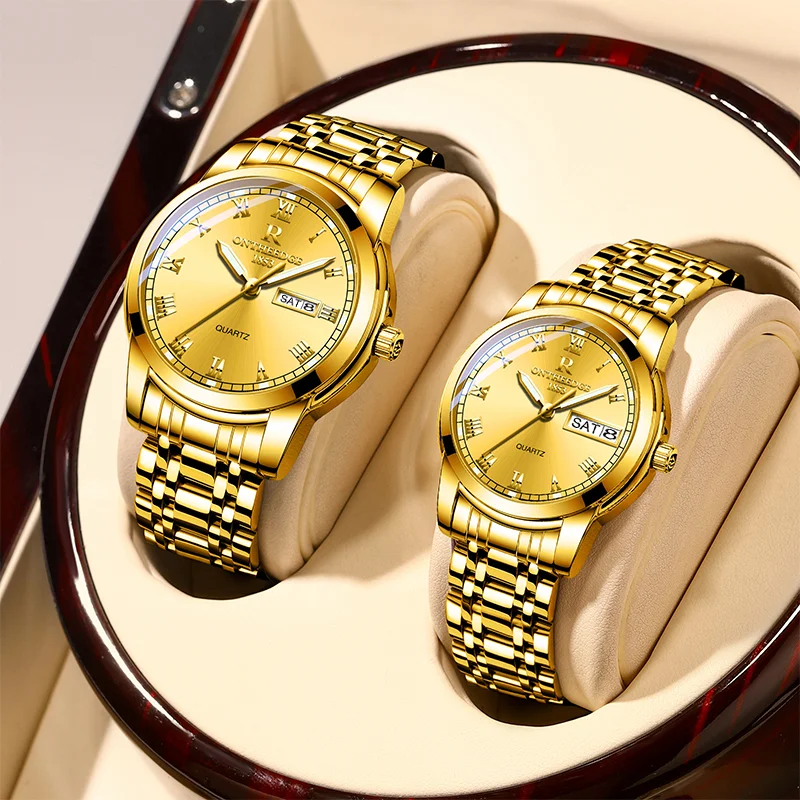 

Luxury Gold Quartz Couple Watches for Men Women Stainless Steel Waterproof Luminous Week Date Lover's Watches Fashion Wristwatch