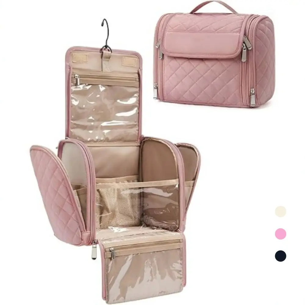 Waterproof Hanging Toiletry Bag Clear Pockets Hanging Hook Cosmetic Carry Case Carry Handle Quilted Exterior