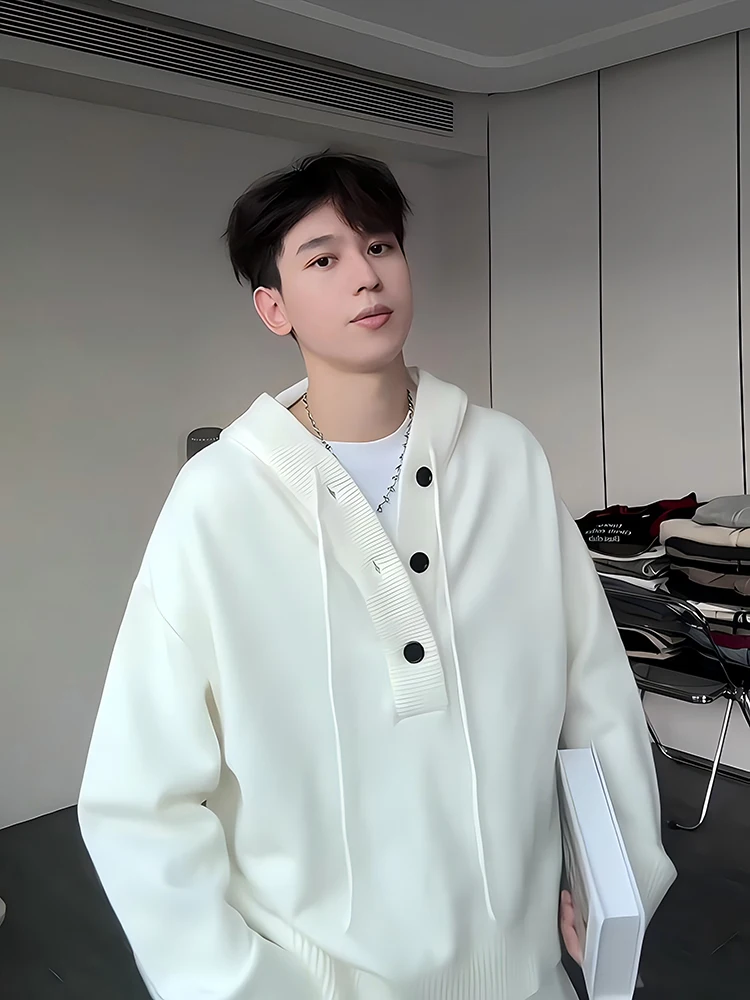 

White Hooded Men's Sweater V-Ne Knitted Loose Fit Comfortable Sle Autumn Winter American Sle Cleanfit Sweatirt Jaet