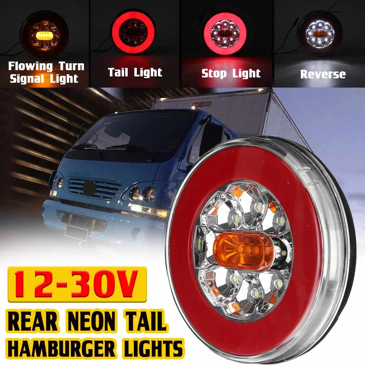 Round LED 4IN1 Truck Taillight 12-24V Dynamic Tail Trun Signal Reverse Lamp Rear Brake Stop Light For Car Trailer Lorry RV Bus