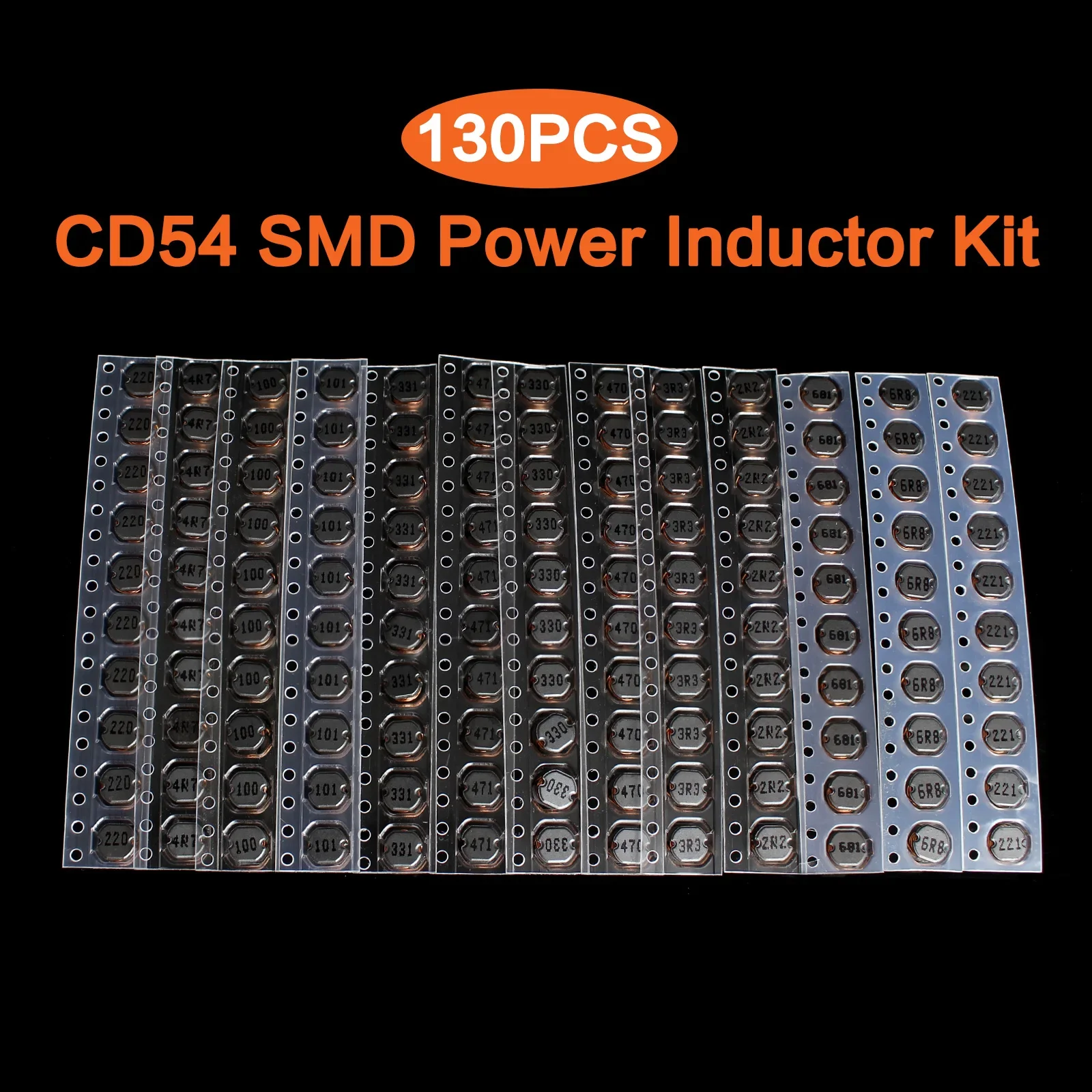 130pcs CD54 SMD Power Inductor Assortment Kit, 2.2/3.3/6.8/10/100/470/680UH Chip Inductors High Quality 13Values Wire Wound Chip