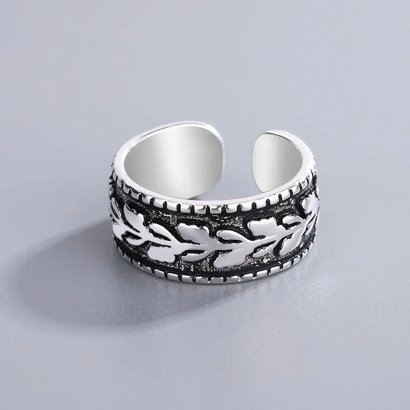 Neue Retro-Schmuck Temperament Blatt 925er Sterlingsilber Persönlichkeit breite geprägte Olivenblatt-Öffnungsringe
