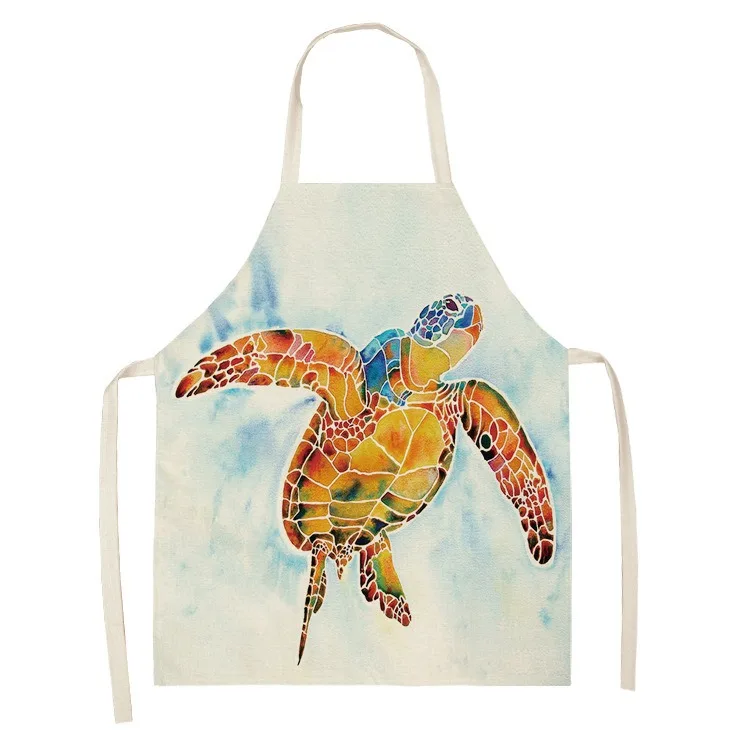 Creative sea animal turtle print pattern sleeveless apron home cleaning bib kitchen cooking linen oil-proof apron