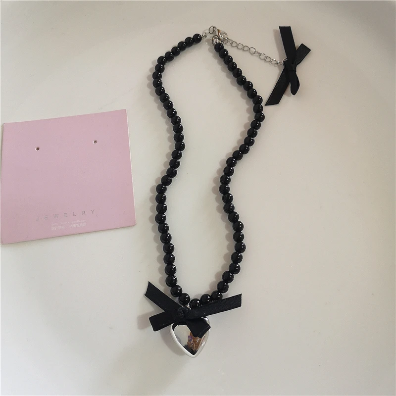 Gothic süße Y2K Edelstahl Schleife Herz rosa Kreuz Anhänger Perlen Perle Schlangenkette Halskette für Egirl 2000er EMO Zubehör – Detail 10