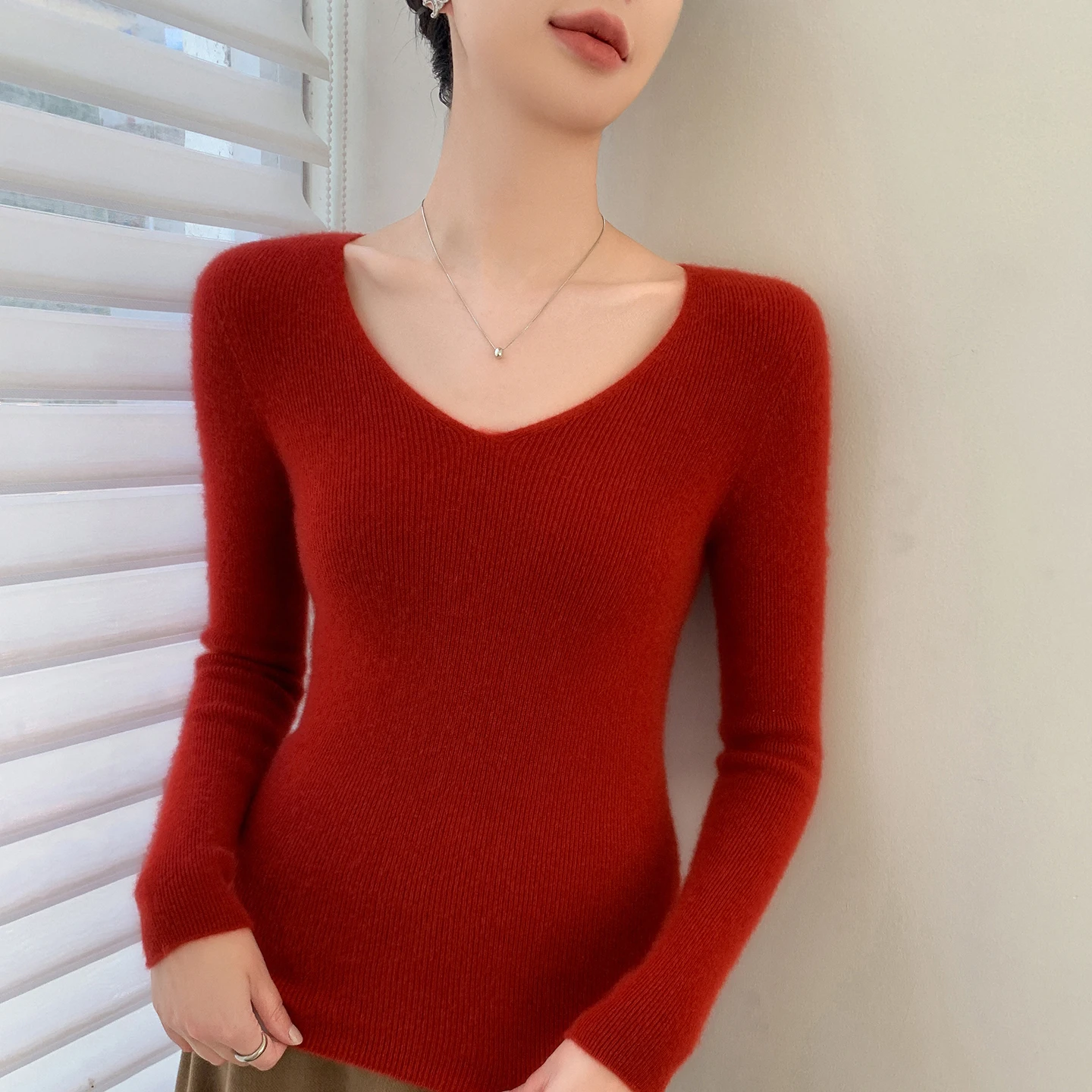 Simple Women's Sweater 100% Cashmere Pullover Knitwear V-neck Soild Seamless Slim Fit Basic Long Sleeve Tops Autumn Winter