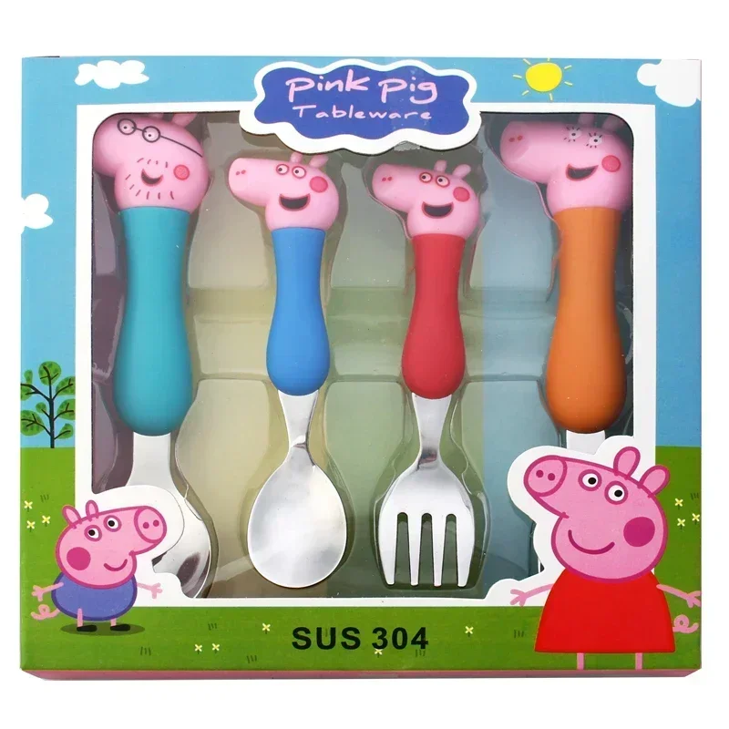 

Peppa Pig Tableware Fork Spoon Action Doll Toy George Pig Dad Mom Cartoon Anime Figure Pattern Party Toy Gift for Boys and Girls