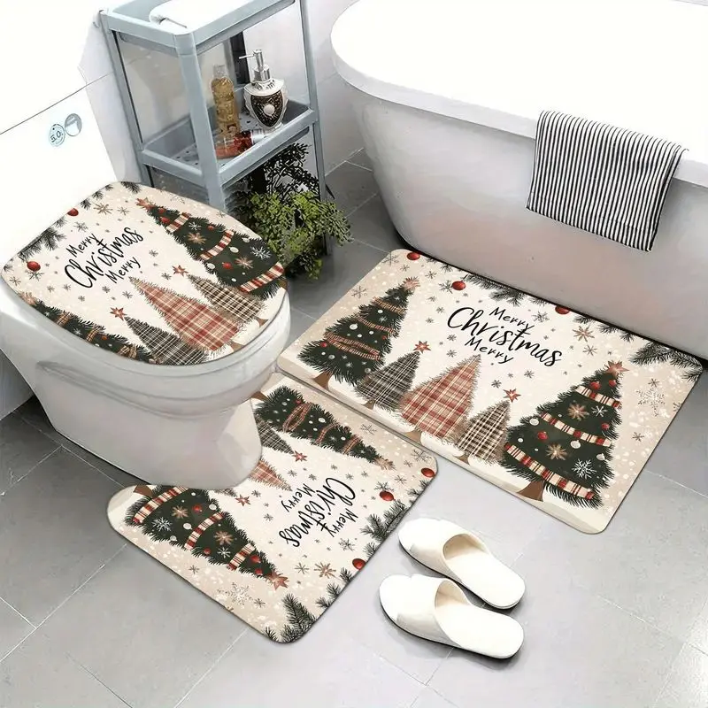 VIKAMA Farmhouse Buffalo Plaid Christmas Tree Merry Christmas Bathroom Rug Set Toilet Lid Cover U Shape Bath Mat Decor