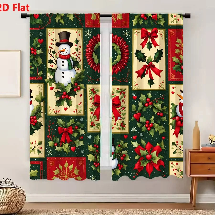 2Pcs Curtains 2D Flat Christmas Patchwork Pattern With Snowman Red Bows Wreaths And Holly On Dark Green Background Window Drapes