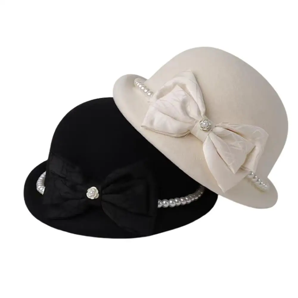الرجعية القوس القوس اللؤلؤ الرامي قبعة موزع الصحف قبعات الصوف فيدوراس الشتاء أنيقة بسيطة المرأة موضة الدفء قبعة اللؤلؤ الموضة