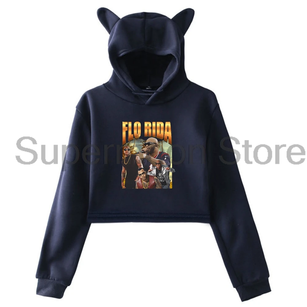 Flo Rida Rapper Vintage Graphic Pullover Female Cat Ears Hoodie Long Sleeve Crop Top Odzież damska