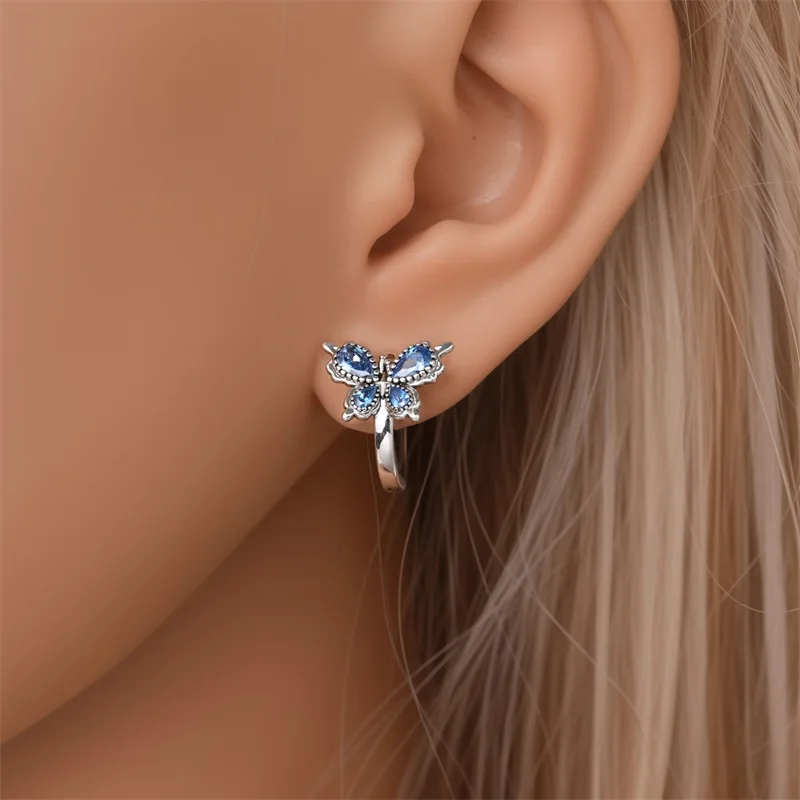 Springtime Earring For Women 925 Sterling Silver Bee Magritte Flower Butterfly Double Hoop Earrings Jewelry Fine New Year view 4
