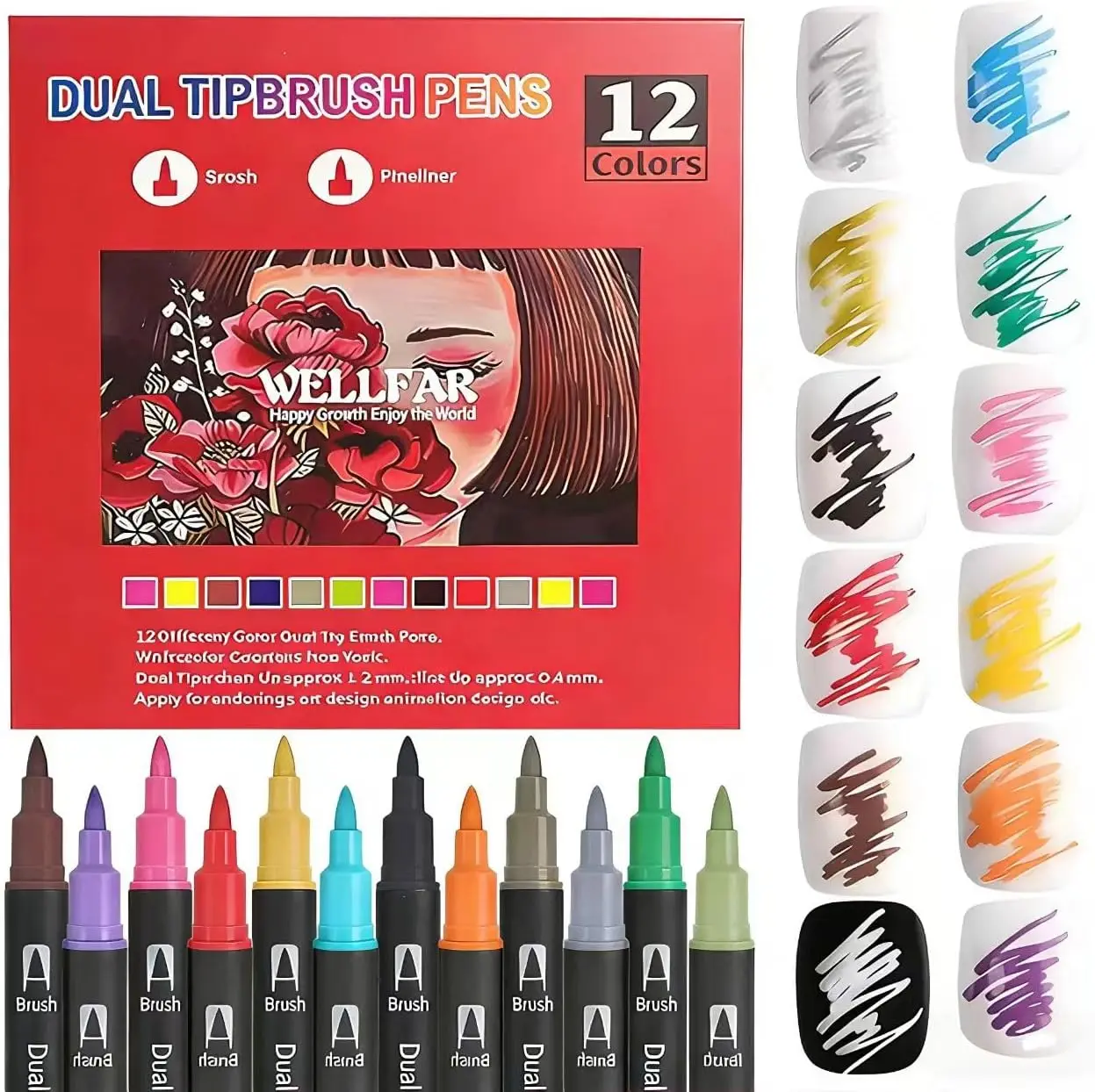 

Двусторонние маркеры для раскрасок для взрослых - гелевые акриловые ручки без размазывания, набор тонких и кистевых наконечников, 12 цветов