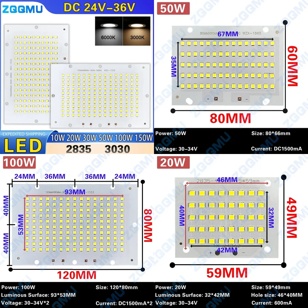 

50W 100W 150W High Power LED Chip Lamp Beads 30W 20W 10W DC30-34V Outdoor Indoor Floodlight DIY PCB Kit for Lighting Projects
