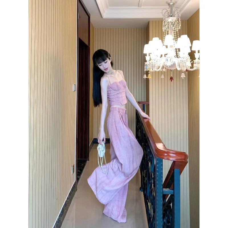 

Fashionable Trendy Girl Pink One Neck Adjustable Camisole Vest Comfortable High Waist Wide Leg Casual Pants Summer Two-piece Set