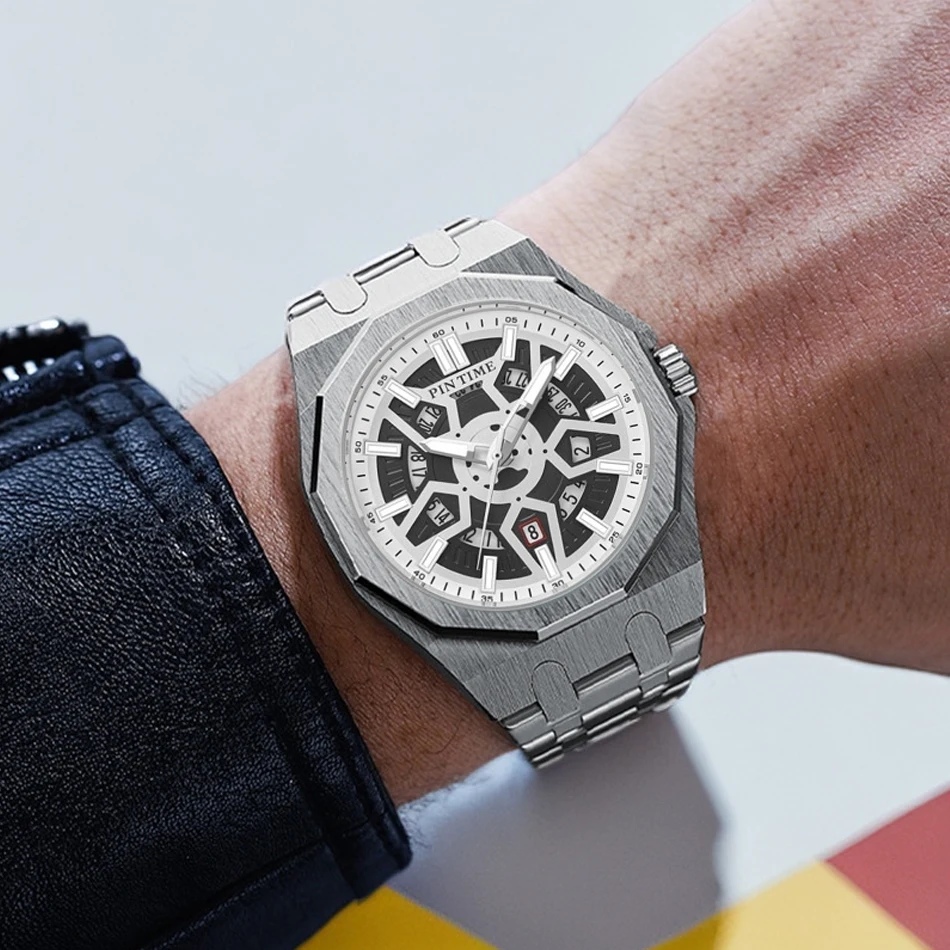 

PINTIME New Men's Watch Alloy Skeleton Design Electric Mechanical Timepiece Luminous Date Display Men's Quartz Watch 45MM