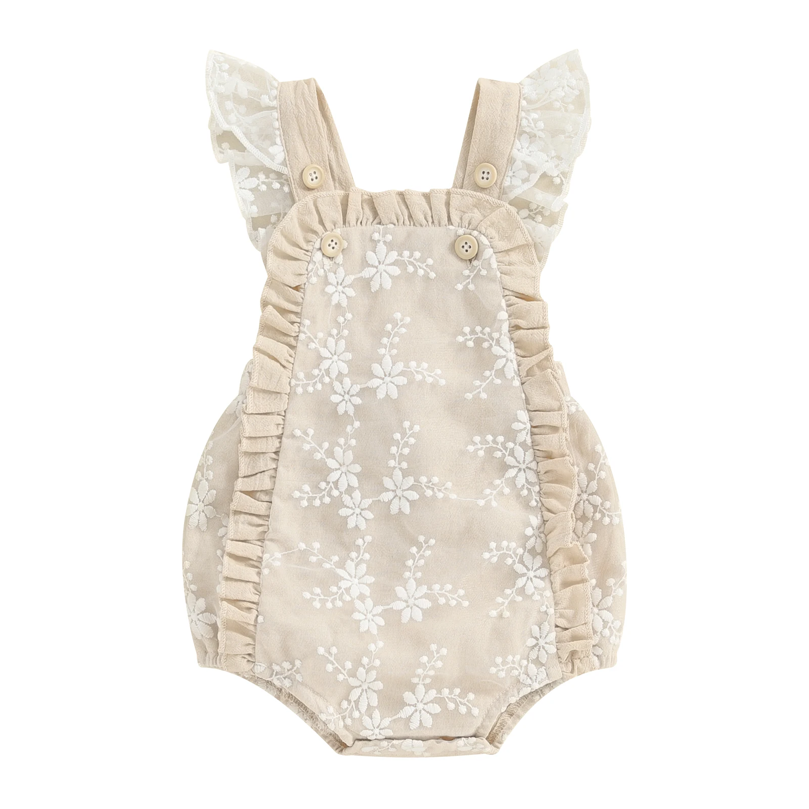 Baby Girls Rompers Lace Embroidery Buttons Frills Fly Sleeve Infant Bodysuits Summer Clothes Jumpsuits