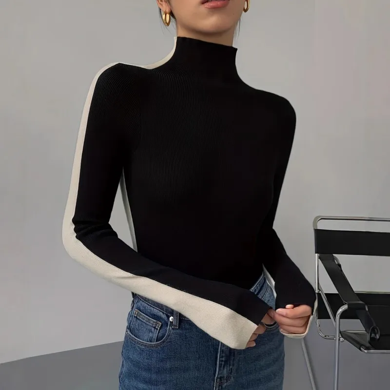 

Women's Black White Spliced Knitted Tops Autumn Winter Small Stand-up Collar Knitted New Versatile Long-sleeved Slim Clothing