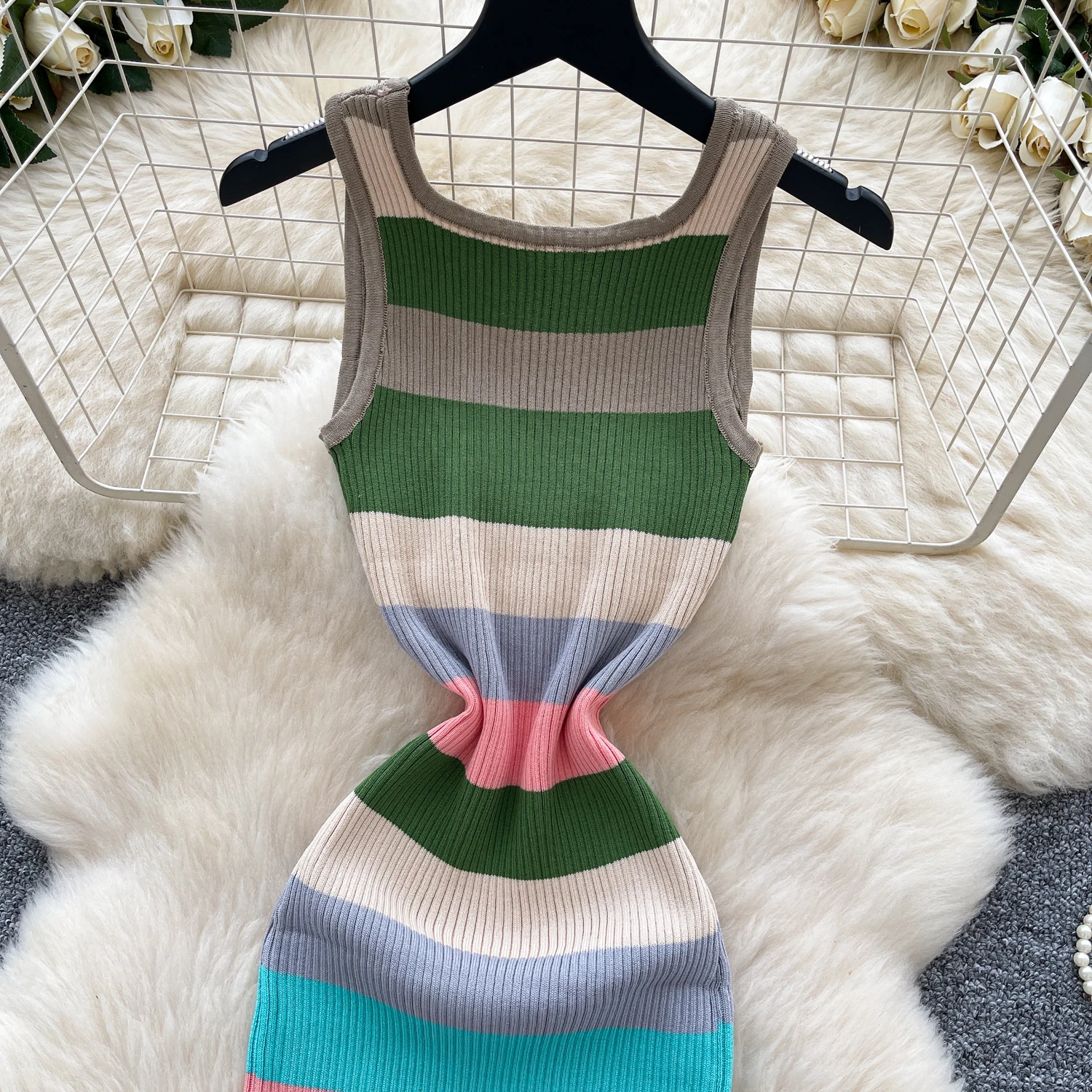 REALEFT ฤดูร้อน Vintage Rainbow ผู้หญิงถักชุด 2025 ใหม่แขนกุดสแควร์ Casual Sheath ดินสอห่อชุดหญิง