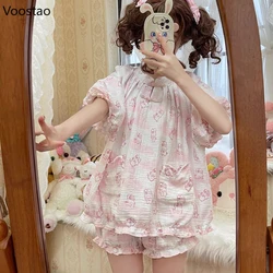 Conjunto de Pijama con estampado de conejito para Mujer, ropa de casa de princesa, Tops de manga corta, pantalones cortos, traje informal, Kawaii, Lolita