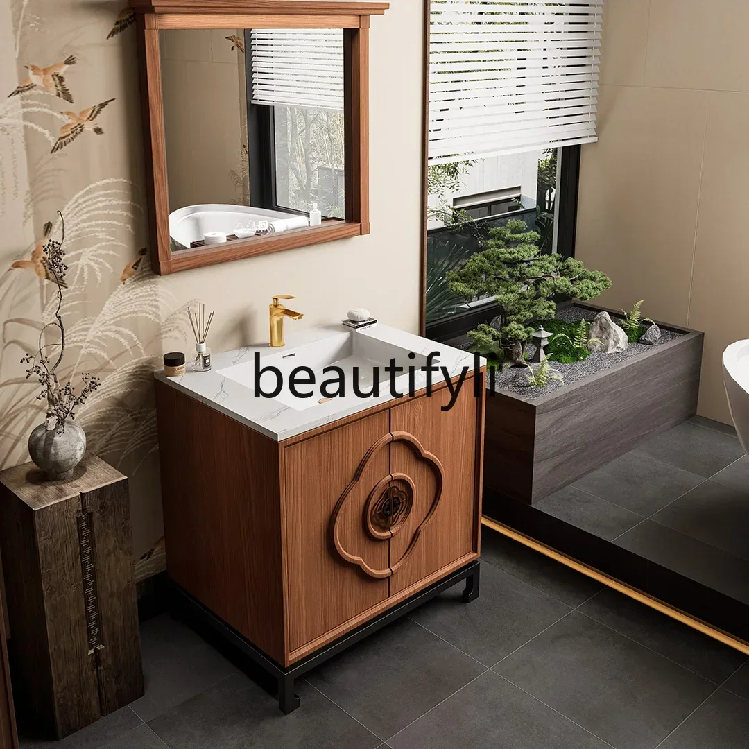 

New Chinese-style floor-to-ceiling bathroom cabinet integrated basin washing table hand washbasin customization0420