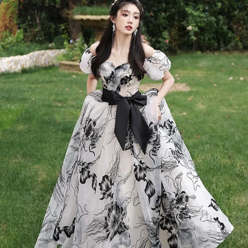 قبالة الكتف فقاعة كم مأدبة اللباس الرجعية الحبر اللوحة تنورة طويلة فستان الأميرة الأخوات حزب اللباس مزاجه أنيقة