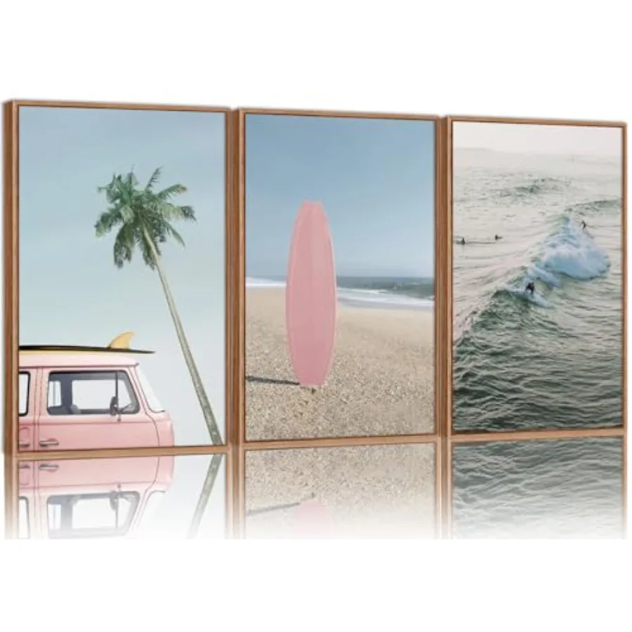 

Large Ocean Beach Framed Canvas Wall Art Summer Coastal Surfboard Decor Palm Tree Pink Car Artwork Modern Surfing Seascape Prin