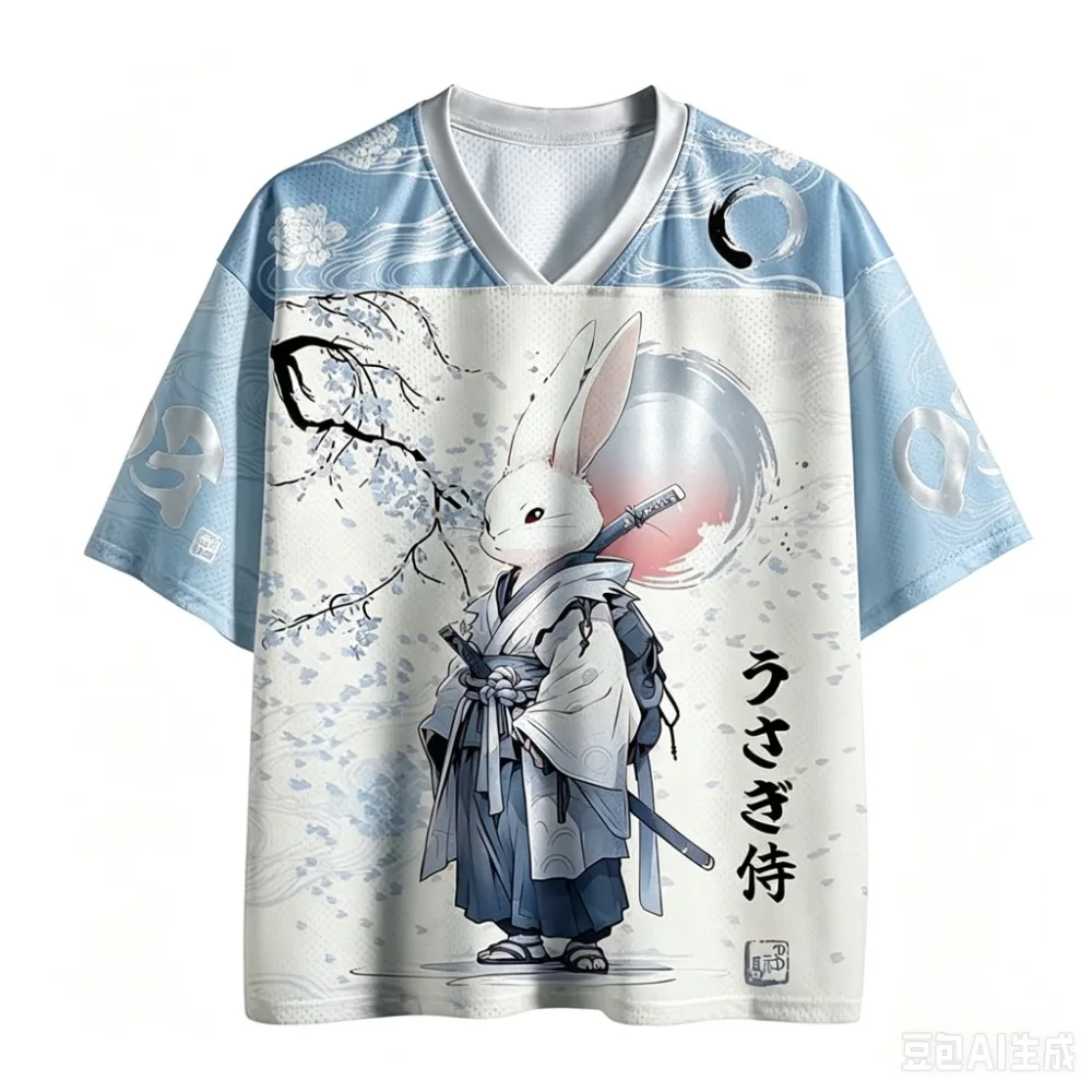 Japanese Rabbit Warrior Pattern Sport Quick-dry Breatha 3D Print Men V-Neck T-Shirt Street Fashion Hip-Hop Parent-child Clothing