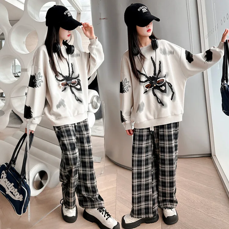 Autumn Teenage Girl Clothes Set Children's Girls Spider hoodie Top and Plaid Pant 2 Pieces Suit Kid Letter Tracksuit 5-14Y