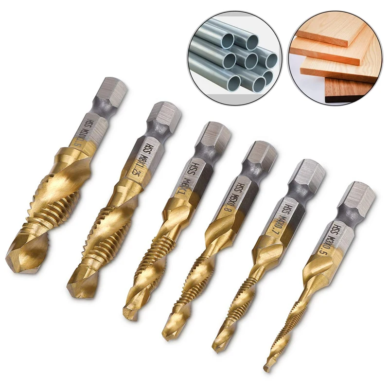 1/6Pcs Tap Drill Bit Set Hex Shank Titanium Plated HSS Screw Thread Bit Screw Machine Compound Tap M3 M4 M5 M6 M8 M10 Hand Tools