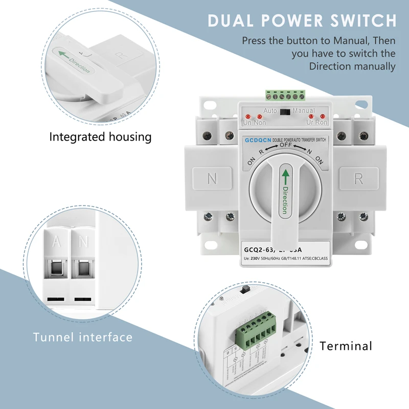 Automatyczny przełącznik transferu podwójnego zasilania 2P63A Przełącznik biegów klasy Cb Ats Home Jednofazowy 220V