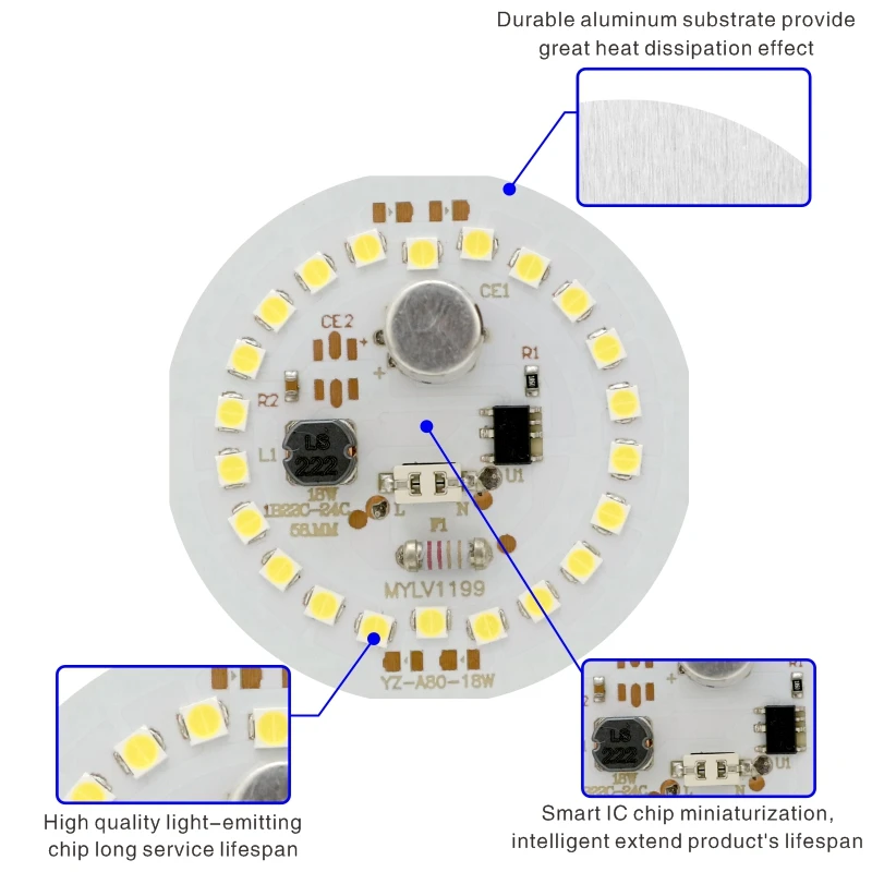 10pcs/lot LED Chip for Light Bulb 5W 7W 9W 12W 15W 18W 2835SMD DOB Round Light Beads AC 220V No Flicker Bulb Chips Lighting Lamp