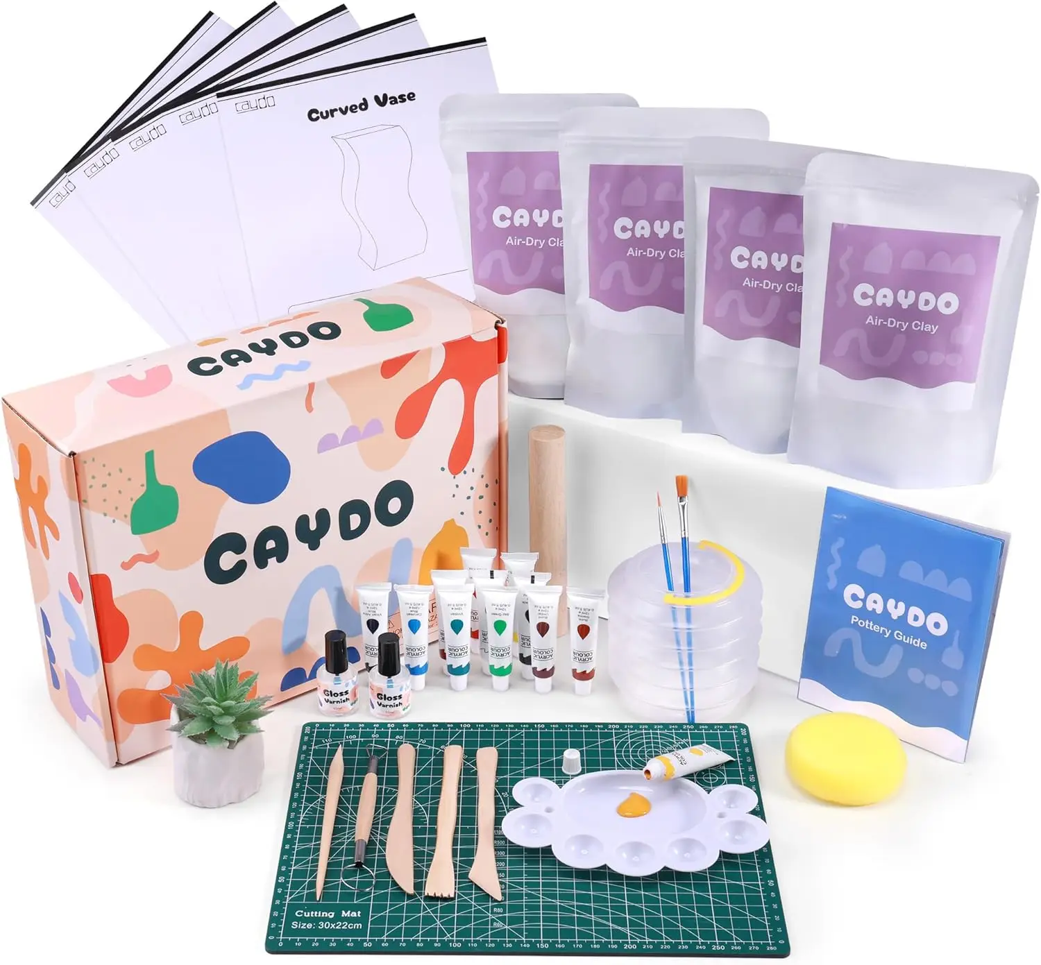 

Air Dry Pottery Kit for Beginners and Adults - 4.4 Lbs DIY Craft Set with Tools, Acrylic Paints, Varnish, Clay Stick, Pain