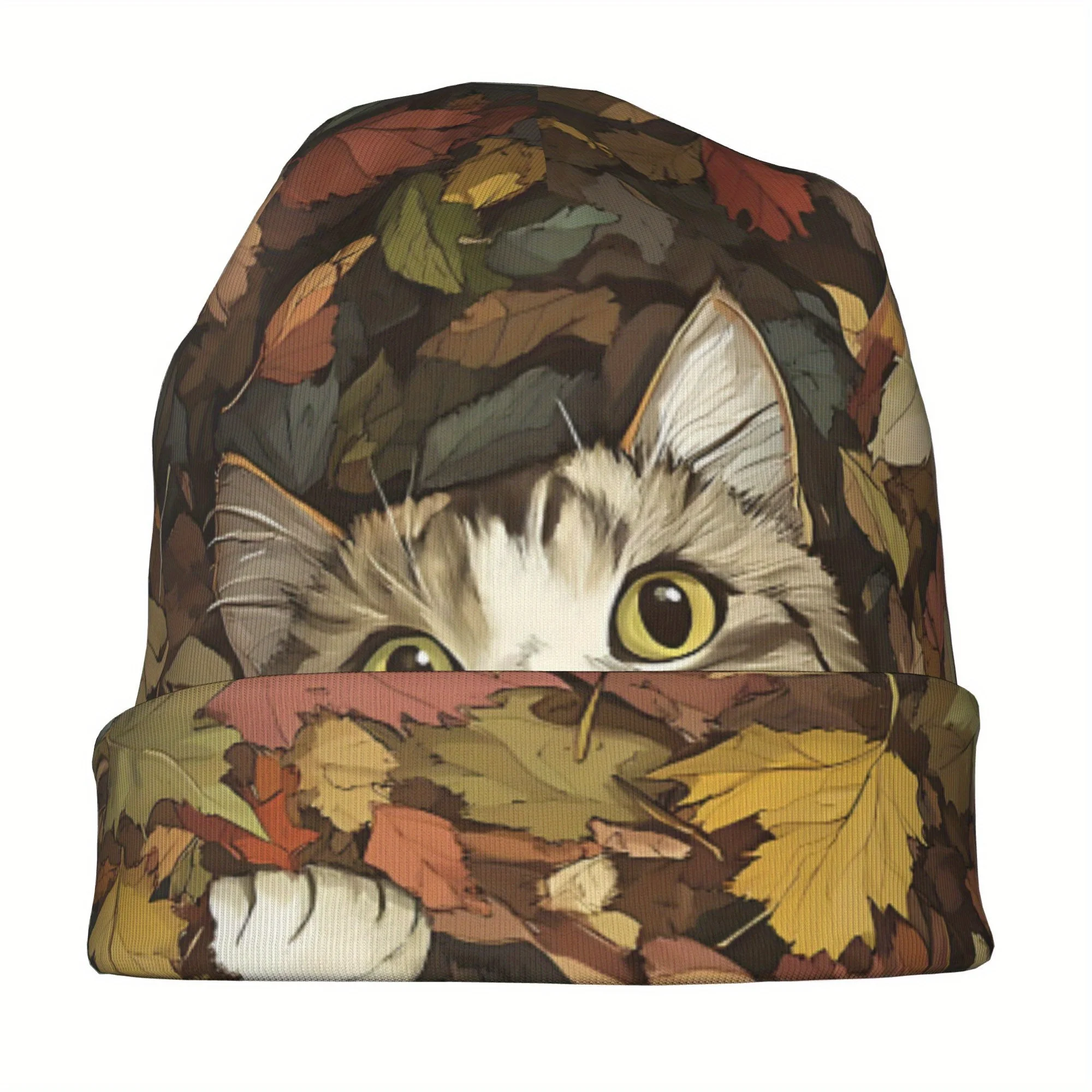 قبعة قطة لطيفة في أوراق الخريف Skullies Beanie قبعة رياضية عصرية مع تصميم أوراق الخريف الواقعية، دافئة قابلة للتنفس