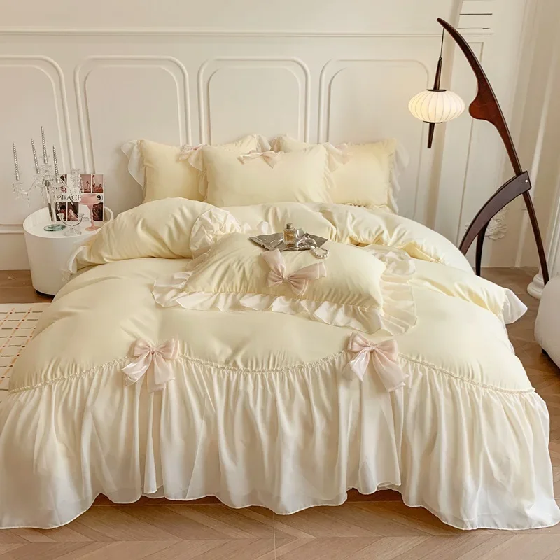 Girl princess wind polished lace four-piece set super soft pleated chiffon bow bed sheet kit bedding