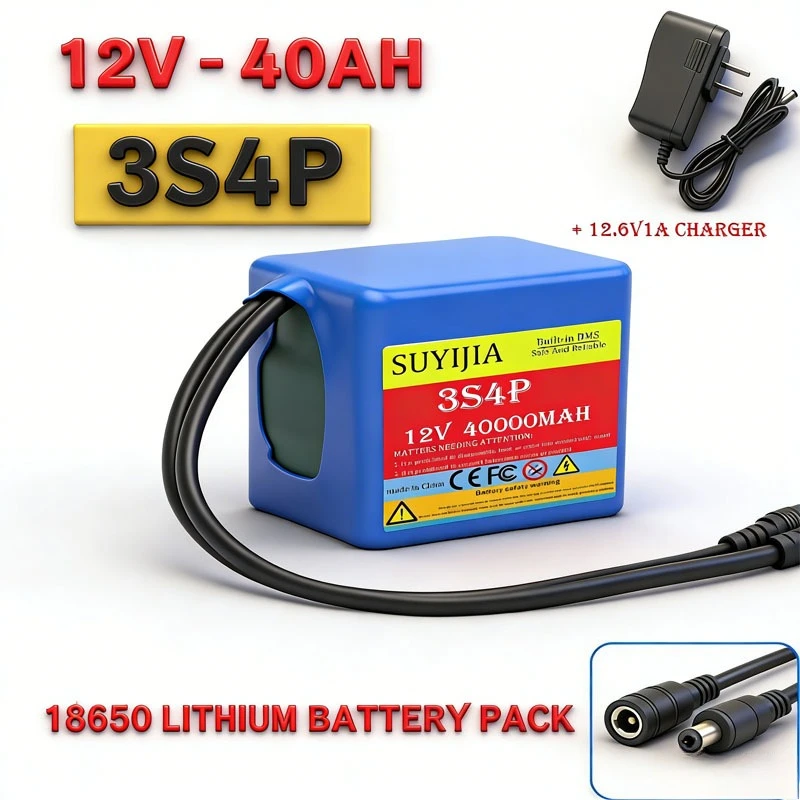 

3S4P 12V 20Ah-50Ah 18650 Lithium Ion Battery Pack with BMS + Charger Super Large Capacity Rechargeable DC12.6V