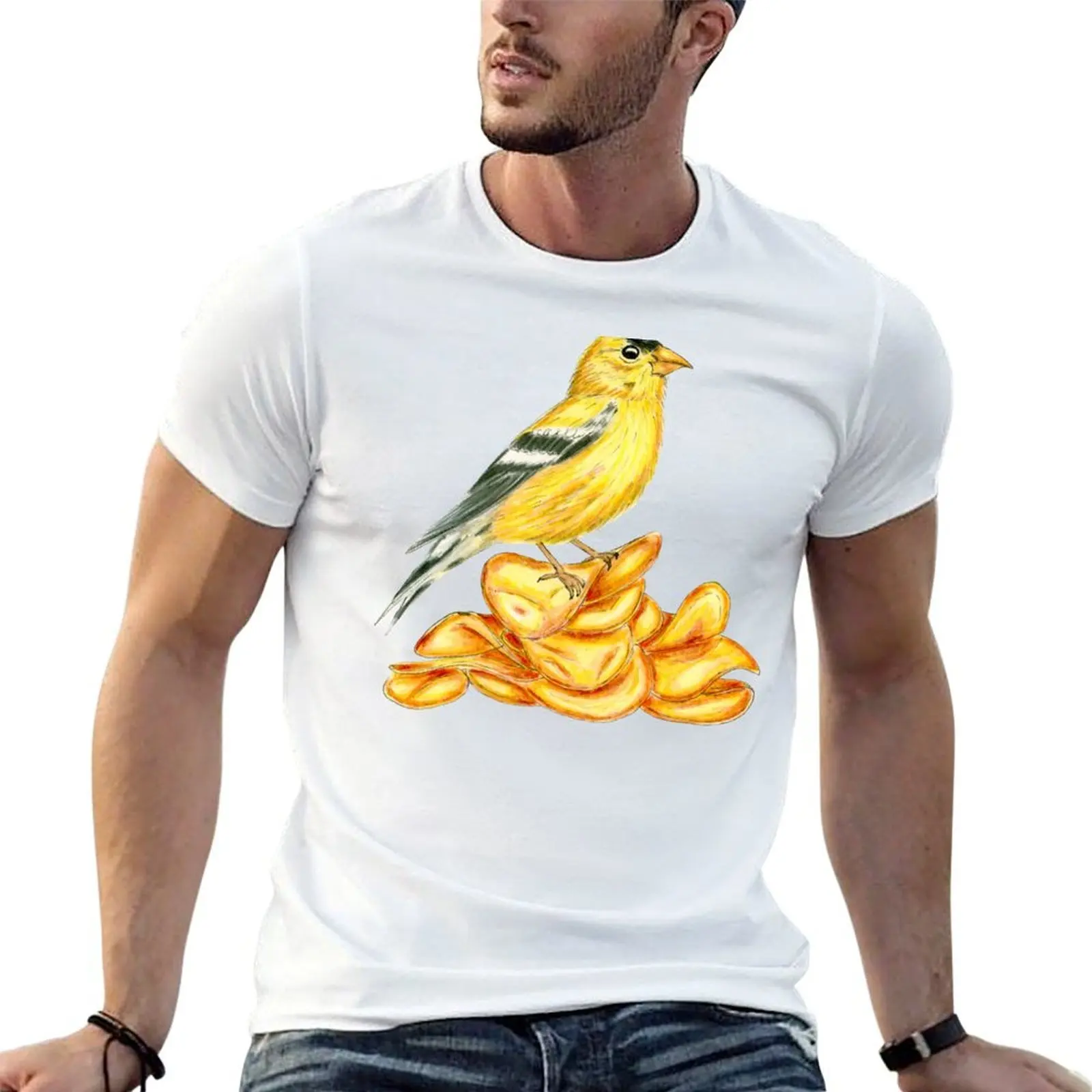 

Potato Chip Bird American Goldfinch Yellow navy background T-Shirt cotton tshirt 100% man tshirt T-Shirt