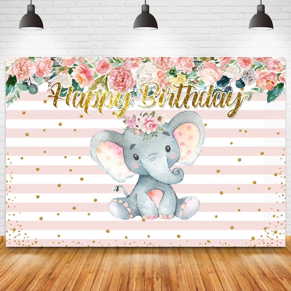 

Cute Little Elephant Newborn Baby Shower Photo Background Golden Dots Pink White Striped Floral Flowers First Communion Backdrop