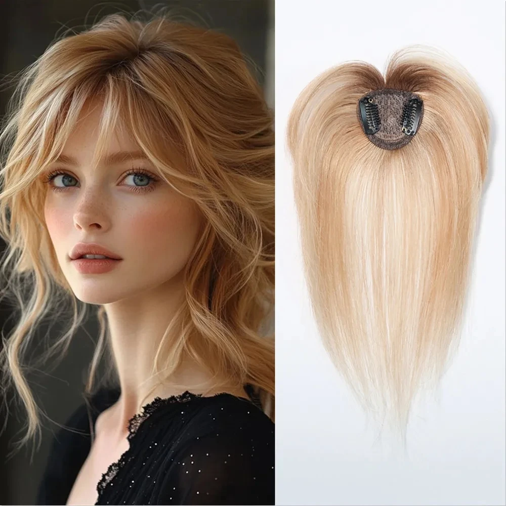 10 inch Real Human Hair Topper with Bangs for Women 3D Wispy Air Bangs 100% Remy Hair Hairpieces for Hair Loss Natural Looking
