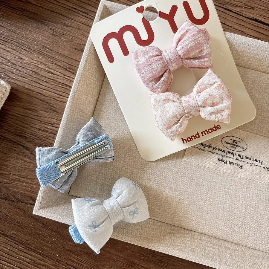 Grampos de cabelo antiderrapantes para meninas, 2 peças de tecido acolchoado com laço lateral, xadrez floral para crianças, cabelo fino e macio