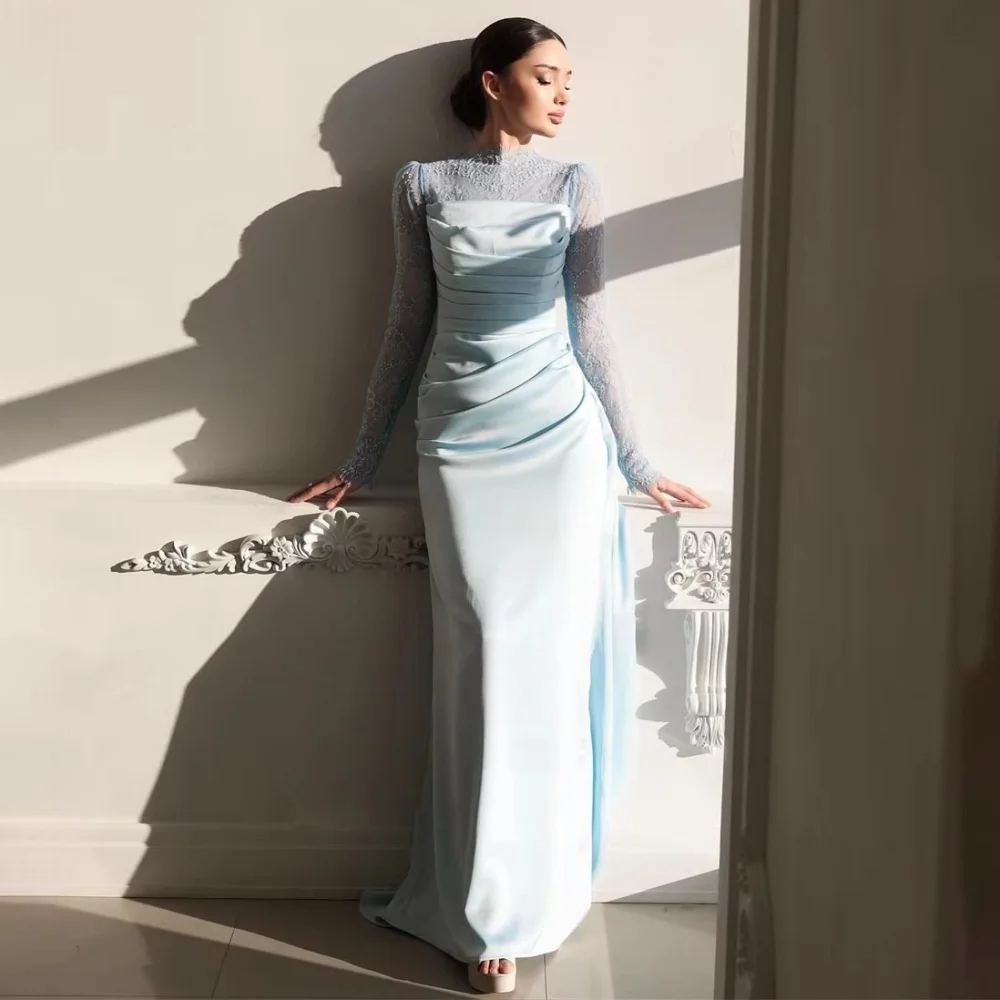 تخصيص رائعة Ruched المرأة حفلة موسيقية فستان طويل الأكمام الساحرة حورية البحر الدانتيل زين فستان الحفلات المرأة الساتان ثوب مسائي