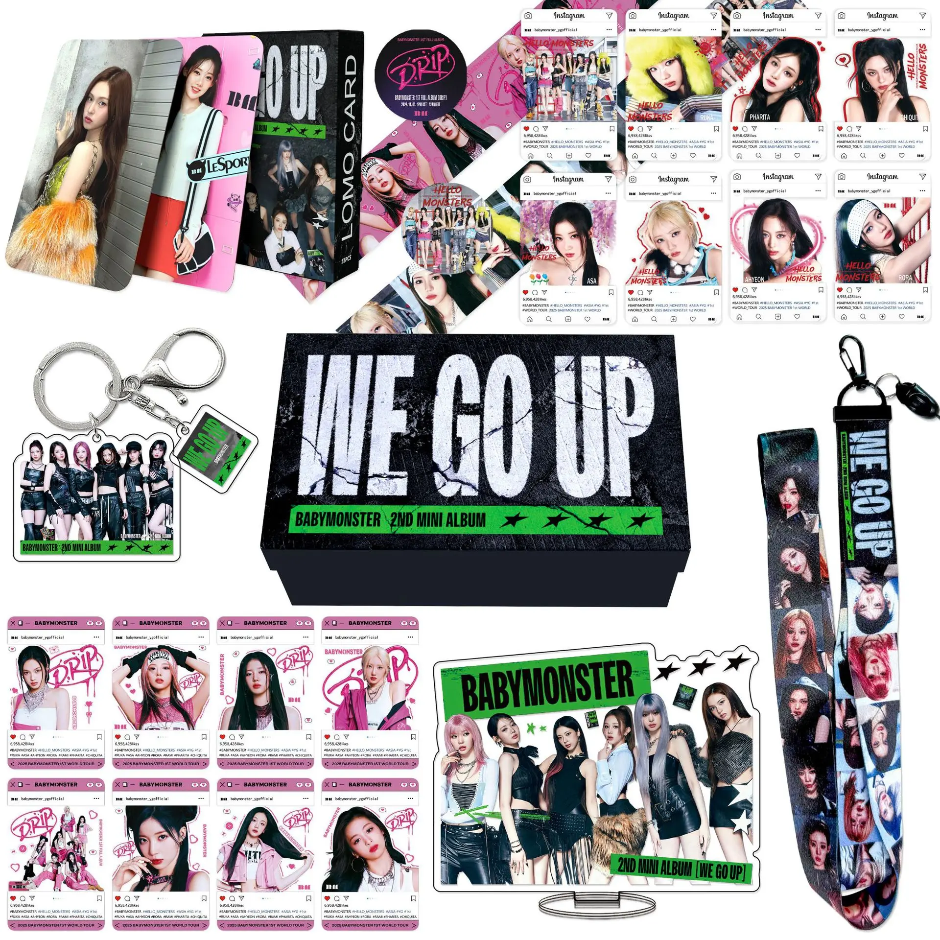 KPOP Korean Girl Group BABYMONSTER Gift Box Mini Album WE GO UP Star Peripheral Gift Keychain Sticker Small Card Set  LOMO