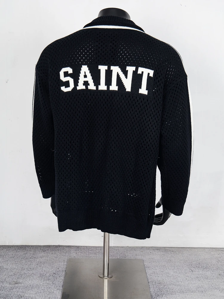 Oversize Männer Frauen Casual Gestreiften Zipper Pullover Schwarz Apricot Mantel Mit Tag Klassische Logo Jacquard Saint Hohl Gestrickte Pullover