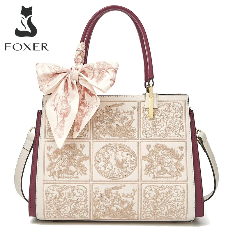 FOXER Women Crossbody Shoulder Bag Fall Winter Office Handbag Lady Medium Tote Chic Split Leather Silk Scarf Printing Pocket Bag