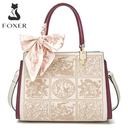 FOXER Women Crossbody Shoulder Bag Fall Winter Office Handbag Lady Medium Tote Chic Split Leather Silk Scarf Printing Pocket Bag