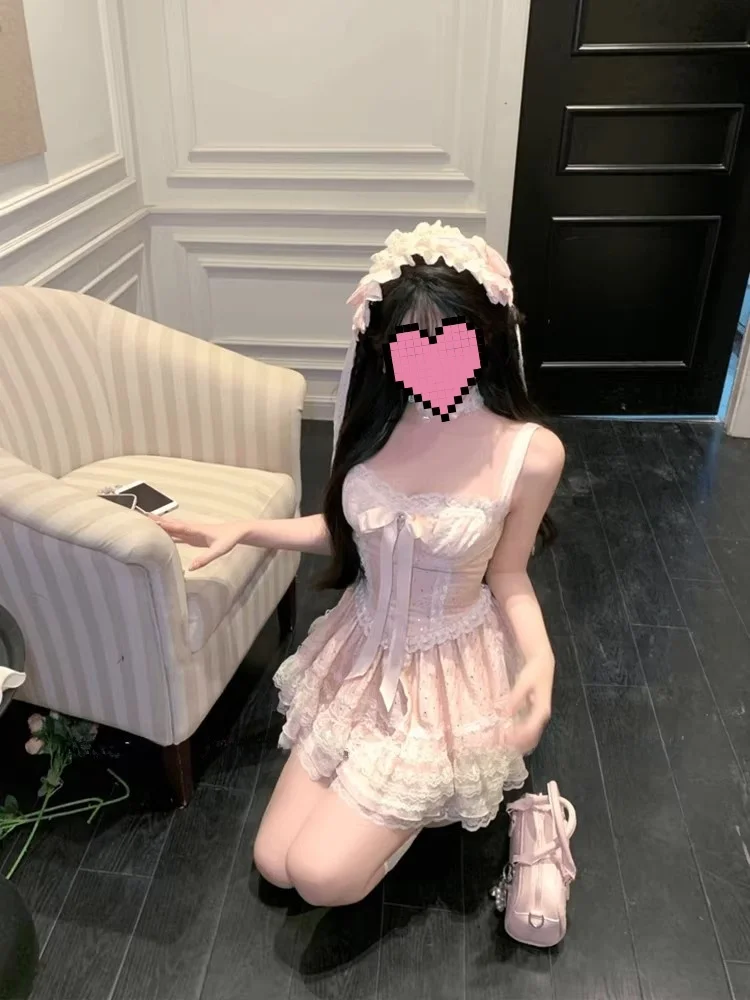 

Sweet Pink Strapless Puffy Princess Skirt for Plump Women High Waist Slimming Dress Casual Summer Short Skirt
