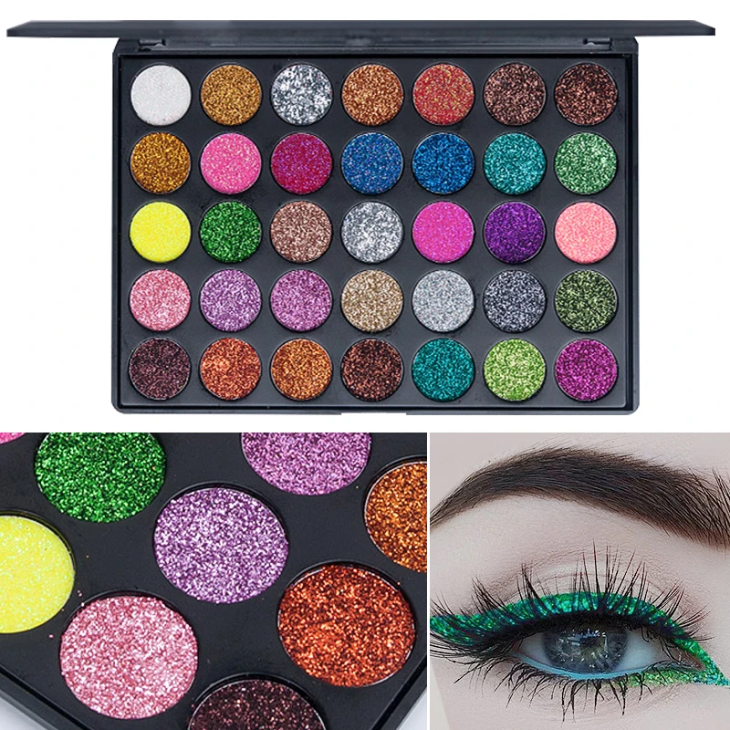 35 Colors Sparkling Glitter Eyeshadow Palette Metallic Shimmer Sequins Eye Shadow Waterproof Long Lasting High Pigmented Bright Glitter Powder Eyes Makeup Palette for Women Girls Party Festival Stage Daily Eye Cosmetic