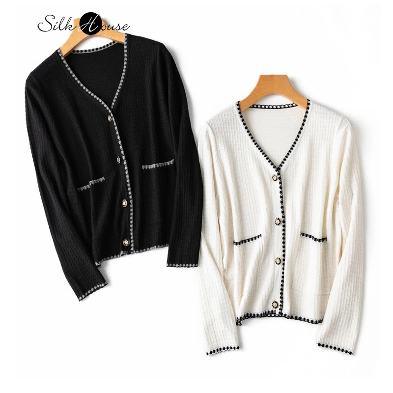 

Early Autumn New Mulberry Silk Cashmere Blended Ol Commuter Skin Friendly V-neck Wool Small Fragrance Knitted Cardigan Coat