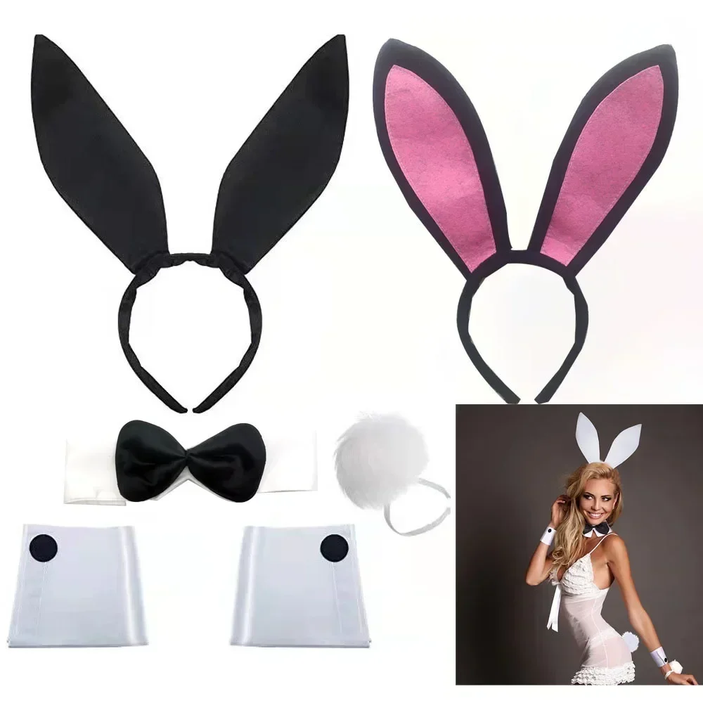 Schwarzes Hasenohren-Stirnband-Set, perfekt für Osterhasenohren, Playboy Bunny Halloween-Kostüm, Rollenspiel-Requisitenkollektion