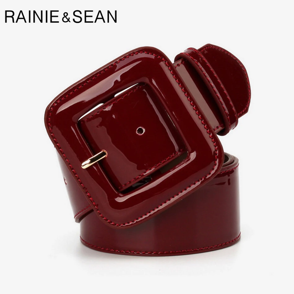 RAINIE SEAN Wide Belt Female Dress Belts Patent Leather Genuine Cowhide Black Elegant French Luxury Designer Women Waist Belt